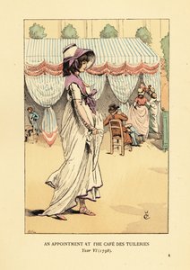 Modische Frau kommt zu einem Termin im Café des Tuileries, Paris, Jahr VI
