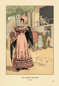 Modische Frau bei einer dramatischen Freiluftvorstellung. Die kleineren Theater