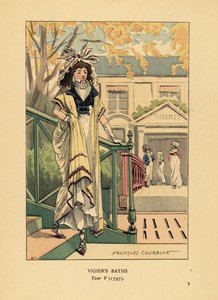 Modische Frau oder Merveilleuse vor den Bains Vigier oder Vigiers Thermalbädern am Ufer der Seine, Jahr V von François Courboin