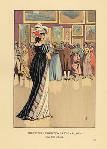 Frau in modischer Kleidung bei der Bilderausstellung im Pariser Salon, Akademie der Schönen Künste, Jahr VIII