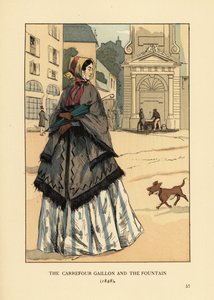 Frau vor dem Brunnen am Place Gaillon, Paris. Sie trägt einen Kaschmirschal mit Armlöchern, genannt la visite, über ihrer Krinoline. Der Carrefour Gaillon und der Brunnen