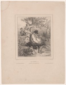 Zwei Jungen pflücken Äpfel von einem schlafenden Bauern von François Grenier