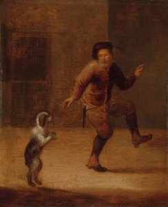 Ein Mann tanzt mit einem Hund