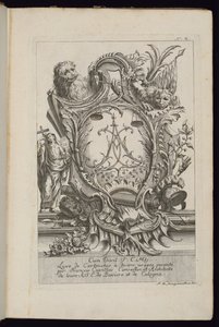 Kartusche mit zwei Löwen und einem Chiffre, Livre de Cartouches à divers usages (Buch der Kartuschen für verschiedene Verwendungen) von François de Cuvilliés the Elder