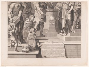 Mars steckt sein Schwert in die Flammen vor einem Tempel (unterer Teil) von François de Poilly (I)