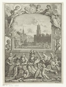 Stadtansicht mit Domkirche in Utrecht und Allegorie mit Minerva und Tugenden