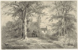 Allee zwischen Bäumen mit Reiter und Frau