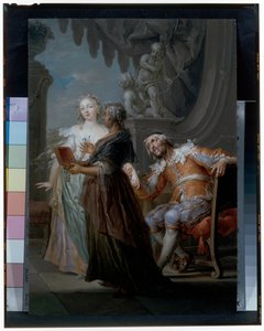 Ein elegantes Paar mit einer alten Magd im Innenraum von Frans Christoph Janneck