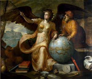 Astrologie. Allegorie und Personifikation der Astrologie mit astrologischen Instrumenten und Himmelsglobus