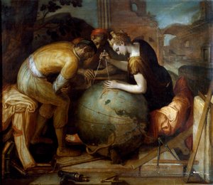 Geometrie. Allegorie und Personifikation der Geometrie, die einen Zirkel über einem Globus hält. Verschiedene geometrische Instrumente sind im Vordergrund angeordnet.