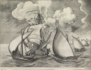 Eine Flotte bewaffneter Galeeren begleitet von einem Kriegsschiff von Frans Huys