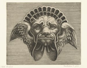 Maske mit Flügeln anstelle von Ohren und einem Kopfschmuck in Form einer Muschel von Frans Huys