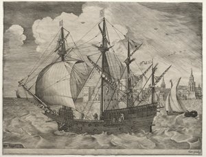 Segelschiffe: Bewaffneter Viermaster fährt zur See, 1561-65 von Frans Huys