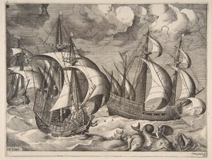Drei Karavellen in einem aufkommenden Sturm mit Arion auf einem Delfin (1561-65)