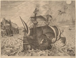 Bewaffneter Dreimaster mit Daedalus und Ikarus am Himmel