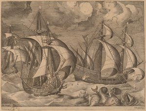 Drei Karavellen in einem aufkommenden Sturm mit Adrion auf einem Delphin