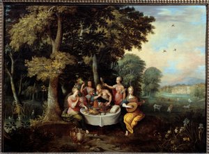 Die fünf Sinne: junge Frauen in einer Landschaft mit Bankett (Geschmack), Musik (Hören), Spiegel (Sehen), Blumenstrauß (Riechen) und Streicheln (Tasten) von Frans II Francken