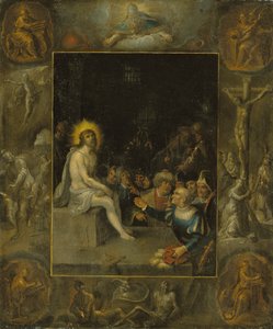 Die Verspottung Christi, in einer Grisaille-Umgebung, die Gott den Vater, die Evangelisten, die Kreuzigung, die Auferstehung und den Teufel und den Tod mit der gekrönten Schlange darstellt von Frans II the Younger Francken