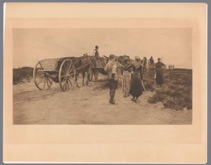 Landarbeiter auf einem Weg mit Karren und Werkzeug