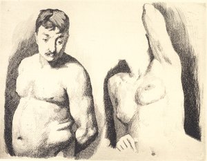 Probenplatte mit zwei Studien nach nacktem männlichen und weiblichen Modell in Halbfigur