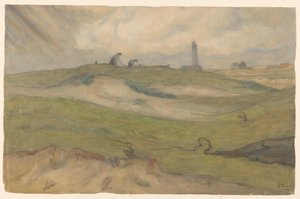 Dünenlandschaft mit Leuchtturm und Netzflickern