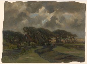 Häuschen bei Baumreihe und Frauen mit Fischernetzen von Frans Alexander Evert Lodewijk Smissaert