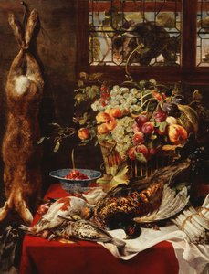 Ein Vorratskammer-Stillleben mit Obst, Wild und einer Katze am Fenster