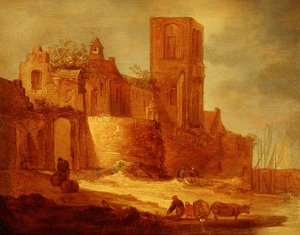 Eine zerstörte Abtei an einem Wasserweg mit Bauern und Vieh im Vordergrund