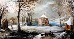 Eine Winterlandschaft mit Figuren und Pferden