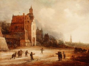 Soldaten spielen Kegeln auf einer Straße, Breda im Hintergrund
