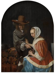 Mann und Frau mit zwei Hunden, bekannt als "Das Haustier necken", 1660