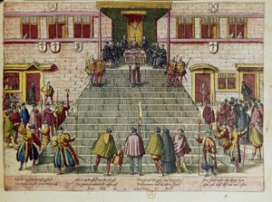 Verlesung des Gnadenaktes am 05.04.1574 in Brüssel: Wilhelm I. von Oranien-Nassau, Prinz von Oranien, genannt Wilhelm der Schweiger (1533-1584), Initiator des Aufstands gegen Philipp II. von Spanien, bekannt als der Achtzigjährige Krieg, der in der 