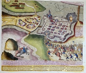 Die Eroberung von Raab durch Adolf Schwarzenberg am 28.03.1598. Druck von Franz Hogenberg (1535-1590) 1653