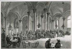 Das zentrale Café in Wien (Österreich). Gravur von Kollarz, zur Illustration der Geschichte Wien und seine Vororte von M. Newlinski, 1881, veröffentlicht in Le tour du monde, unter der Leitung von Edouard Charton (1807-1890) von Franz (after) Kollarz