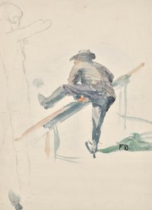 Mann, über ein Geländer kletternd und Umrisse eines Mädchenakts von Franz Barwig d. Ä.