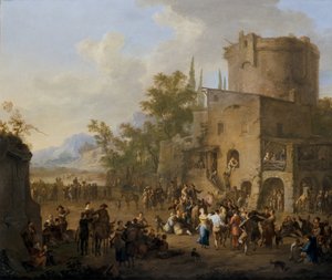 Eine italienische Stadtansicht mit tanzenden Figuren des Saltarello