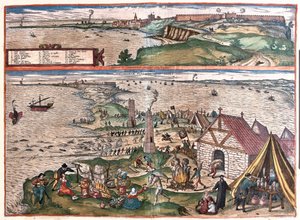 Cadiz, Spanien. (Oben: die Kapelle von St. Sebastian, unten: die Thunfischindustrie von Cadiz. In der Mitte die Wachtürme (Gravur)