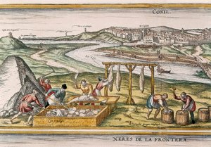 Conil de la Frontera, die Fischer trocknen den Fisch, schneiden ihn, verkaufen ihn und verpacken ihn in Fässern zum Verkauf, aus "Civitatis Orbis Terrarum" von Franz Hogenberg