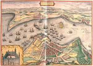 Helsingør, Dänemark - Helsingborg, Schweden (Stich) von Franz Hogenberg