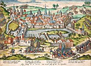 Papisten belagern Poitiers, Juli 1569, Gravur von Franz Hogenberg