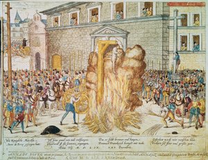Religiöser Krieg: Hinrichtung des französischen protestantischen Richters Anne du Bourg (1521-1559) am 23.12.1559 auf dem Place de Greve in Paris von Franz Hogenberg