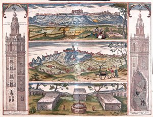 Die Giralda von Sevilla, Spanien - 5 Ansichten: San Juan am Guadalquivir, Gerena, 3 römische Gräber und Türme an der Seite, eine Schnittansicht zeigt George Hufnagel, der zu Pferd aufsteigt (Gravur) von Franz Hogenberg