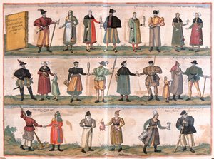 Verschiedene Kostüme aus Dithmarschen und Umgebung, Deutschland (Gravur) von Franz Hogenberg