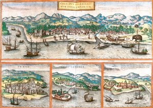 Ansichten von Kozhikode oder Calicut (Indien), Ormuz (Iran), Cannanore oder Kannur (Indien) und St. George of the Mine oder Elmina (Ghana) von Franz Hogenberg