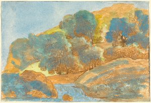 Hügelige Landschaft mit einem Bach