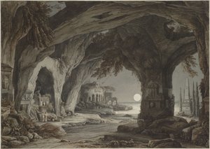 Ideale Landschaft mit Felsengrotte, Gräbern und Ruinen im Mondlicht, ca. 1790