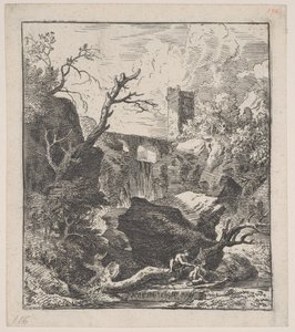 Tafel 2: zwei Figuren sitzen auf einem Baumstamm am Ufer eines Baches im Vordergrund, ca. 1700-25 von Franz Joachim Beich