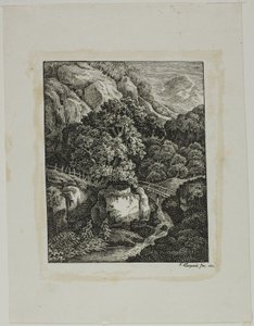 Bewaldete Berglandschaft mit kleinem Wasserfall und Weg von Franz Joseph Leopold