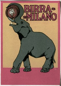Werbeplakat für Milano-Bier, illustriert von Franz Laskoff (1869-1921), das einen Elefanten darstellt, der mit seinem Rüssel direkt aus dem Fass trinkt. 20. Jahrhundert