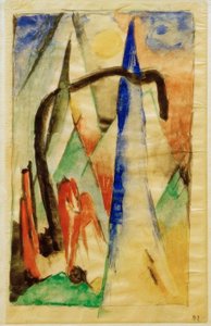 Pferd in Landschaft mit spitzen Formen von Franz Marc